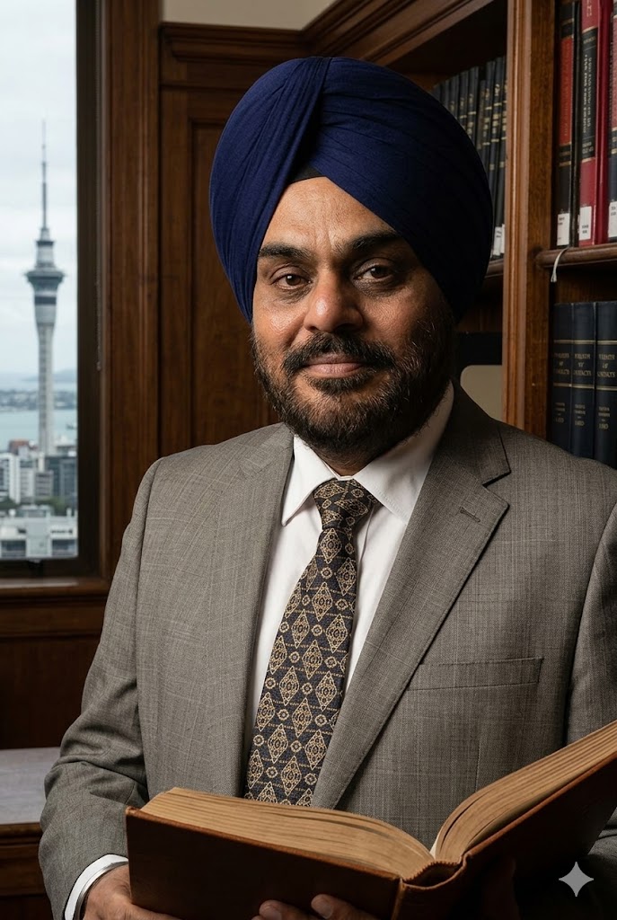 Amarinder Singh Gandhi, Principal Lawyer, in his study with legal volumes and a city view